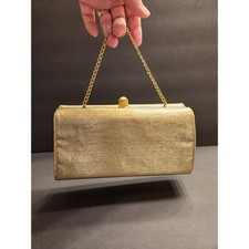 MIDCENTURY Vtg 50s 60s Gold Lame Evening Bag Framed Attached Chain Special Event