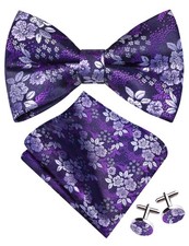 Purple Black Bow Tie and Pocket Square Set for Men Floral Pre-Tied Bowties Cu...
