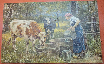 Antique Wooden Jigsaw Puzzle 170 Piece Puzzle Cow with Milkmaid