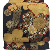 Woman Japanese Kimono Fukuro-obi Silk Cherry blossom Flower Gold thread Black