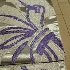 Japanese Kimono White Platinum Purple Woven Fukuro Obi Belt 420cm