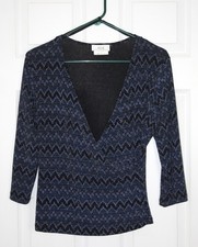 AGB Womens L Sparkly Blue Black Wrap Style Top Metallic 3/4 Sleeve USA Made