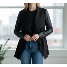 Spanx convertible drape front open faux leather ponte Jaket blk sz 3X