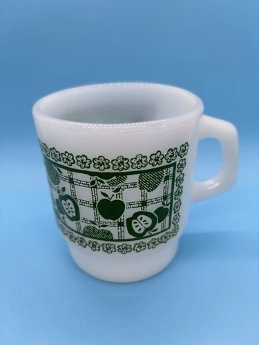 Vintage Anchor Hocking Fire King Coffee Cup Mug Green Apple Flower USA