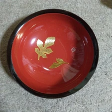 Red Lacquerware Deep Plate Gold Leaf Pattern Used
