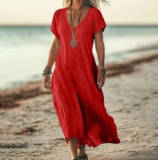 Ladies Linen Short Sleeve Long Dresses Womens Summer Casual Solid V Neck dress！