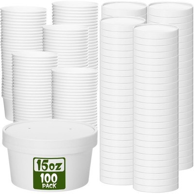 Fulmoon 100 Pack Paper Soup Containers with Lids Disposable 15 oz, White 