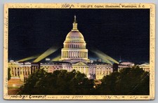 US Capitol at Night Washington DC Linen Postcard Posted 1952 Netherland Stamp