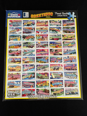 White Mountain Greetings From... Jigsaw Puzzle 1000 Piece Vintage USPS Stamps