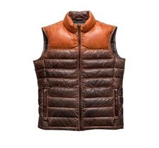 Mens Puffer Bomber Quilted Genuine Sheepskin Two Tone Brown Leather Vest