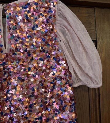 h and m party dresses H&M Pink Sequin Party Dress Puff Sleeves Lined Size 7-8 Special Occasion  Fun