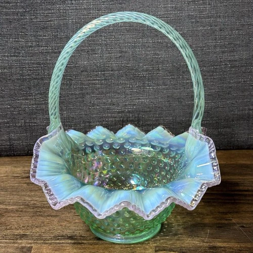 Large 10” Fenton Green Iridescent Opalescent Hobnail Basket Pink Ruffle