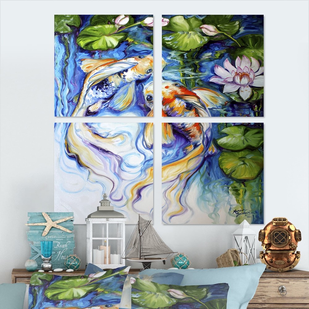 Designart "Koi Koi And Lily" Coastal-Animal Canvas Wall Art