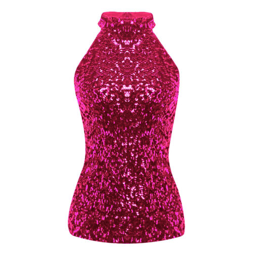 Womens Glitter Sequins Tank Top Halter Neck Sleeveless Sparkle Shimmer Vest Tops - Picture 19 of 29