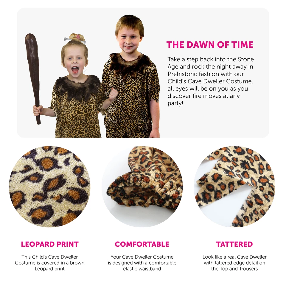 DISFRAZ DE CAVERNÍCOLA INFANTIL ANIMAL PRINT NIÑOS PREHISTÓRICOS NIÑAS UNISEX DISFRACES Foto 2 de 4