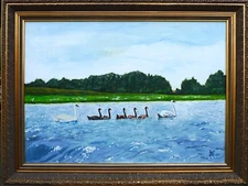 Unknown Realist - North German Sea with Swan Family - Oil Painting