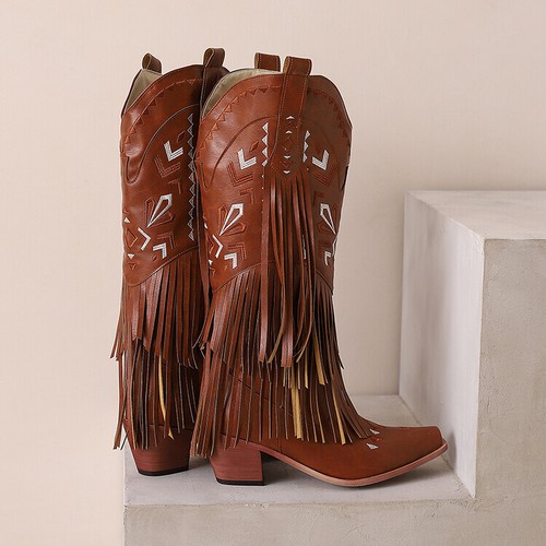 Womens Tassels Western Cowboy Knee High Boots Embroidery Block Heels Pointed Toe - Picture 18 of 27