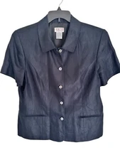 Talbots Womens 100% Irish Linen Short Sleeve Button-Up Shirt Navy Blue Size 18