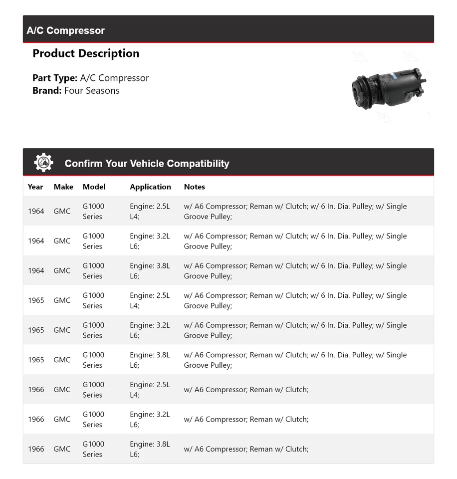 Compresor de aire acondicionado serie GMC G1000 1964-1966 4 estaciones 1965 Foto 2 de 4