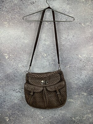 MIU MIU BROWN MATELASSE LEATHER TURNLOCK FLAP HOBO HANDLE BAG