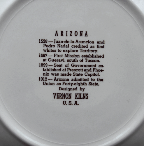 Vernon Kilns Arizona collector state plate~Melinda shape~Brown~Pristine-NR - Picture 6 of 6