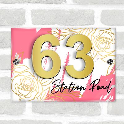 Lachs Rosa Gold Rose 3D Acryl Haus Adresse Schild Tür Nummer Plakette