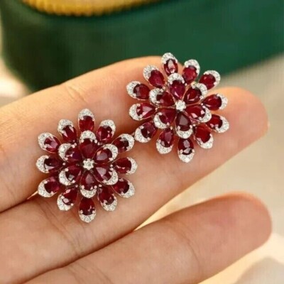 Pear Cut Simulated Pink Ruby Gorgeous Flower Stud Earring 14K White Gold Plated