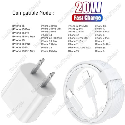 20W USB-C Adapter Block Fast Charger Cable For iPhone 16 15 14 13 12 11 X XR 8 7