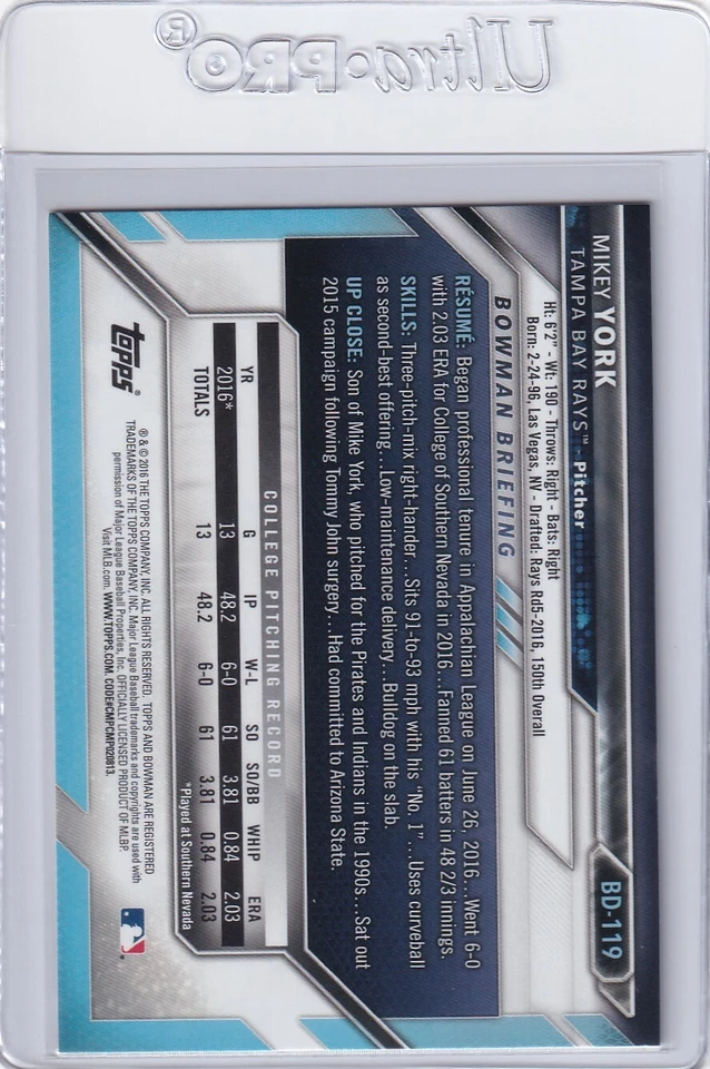 2016 BOWMAN DRAFT 1ST RC MIKEY YORK TAMPA BAY RAYS FIRST ROOKIE H5555 - Image 2 of 2