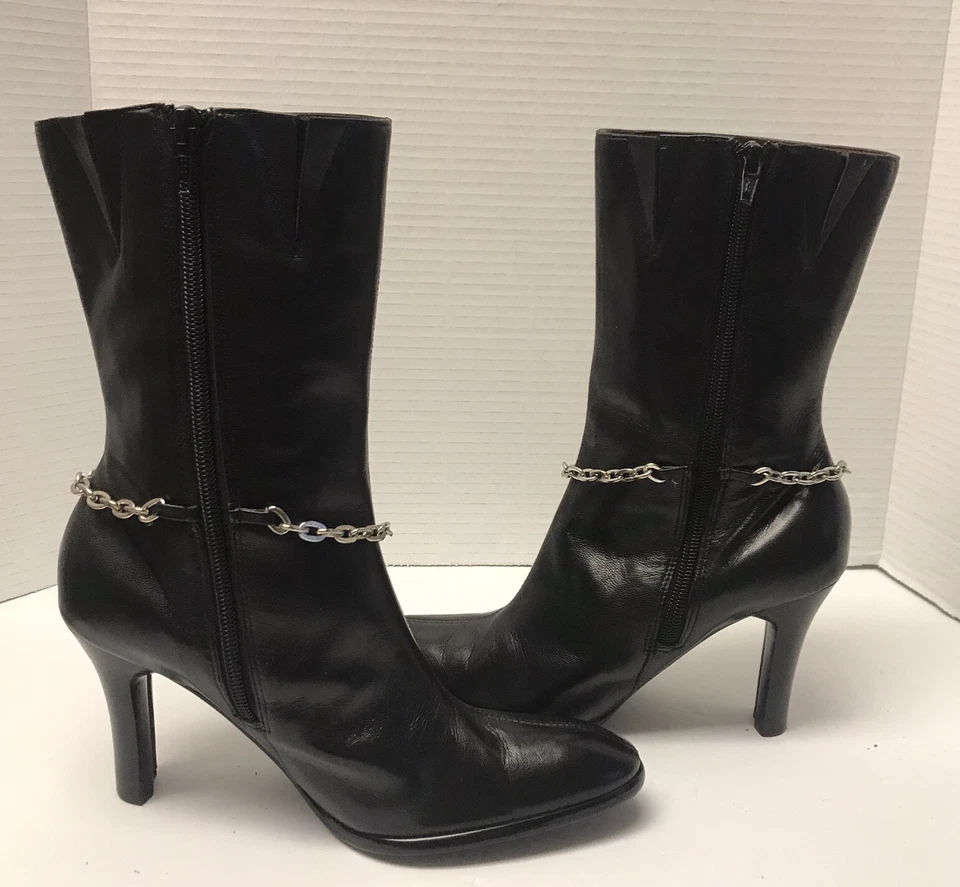 Botines Hillard & Hanson Talla 6.5M Cuero Negro Cadena Acento Punta Foto 2 de 4