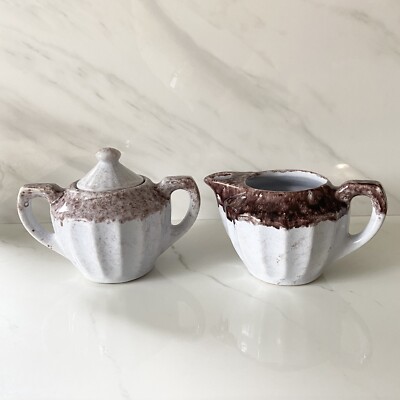 GONDER Pottery USA Creamer & Matching Sugar Bowl Blue-Grey and brown sponge
