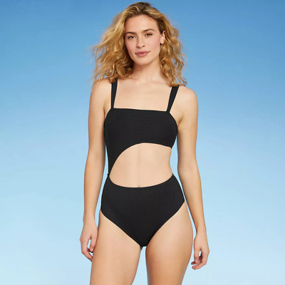 Shade & Shore  Women's Ribbed Cut Out One Piece Swimsuit Size M - Black