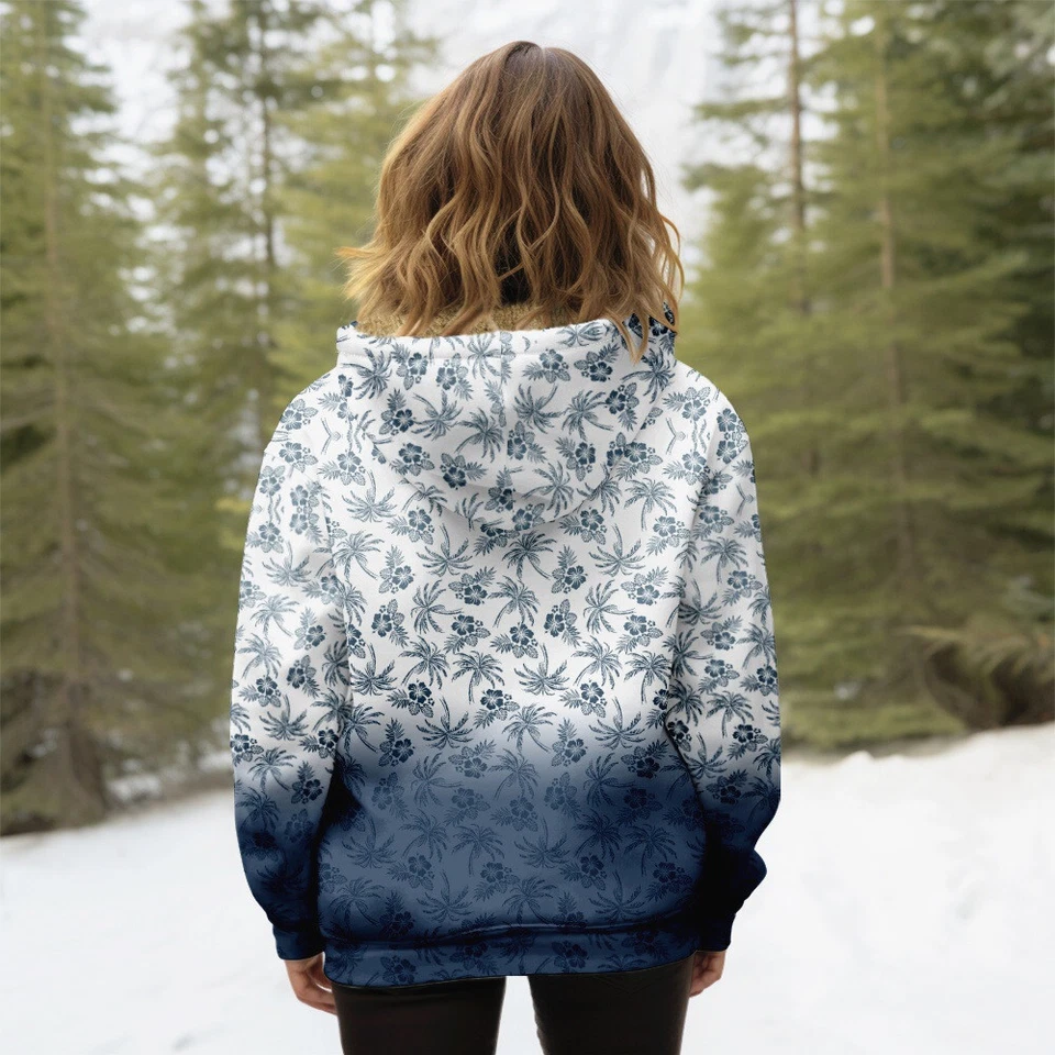 Women Winter Fleece Hoodie Blue White Floral Zip Jacket Hoody Sweater - Image 2 of 4