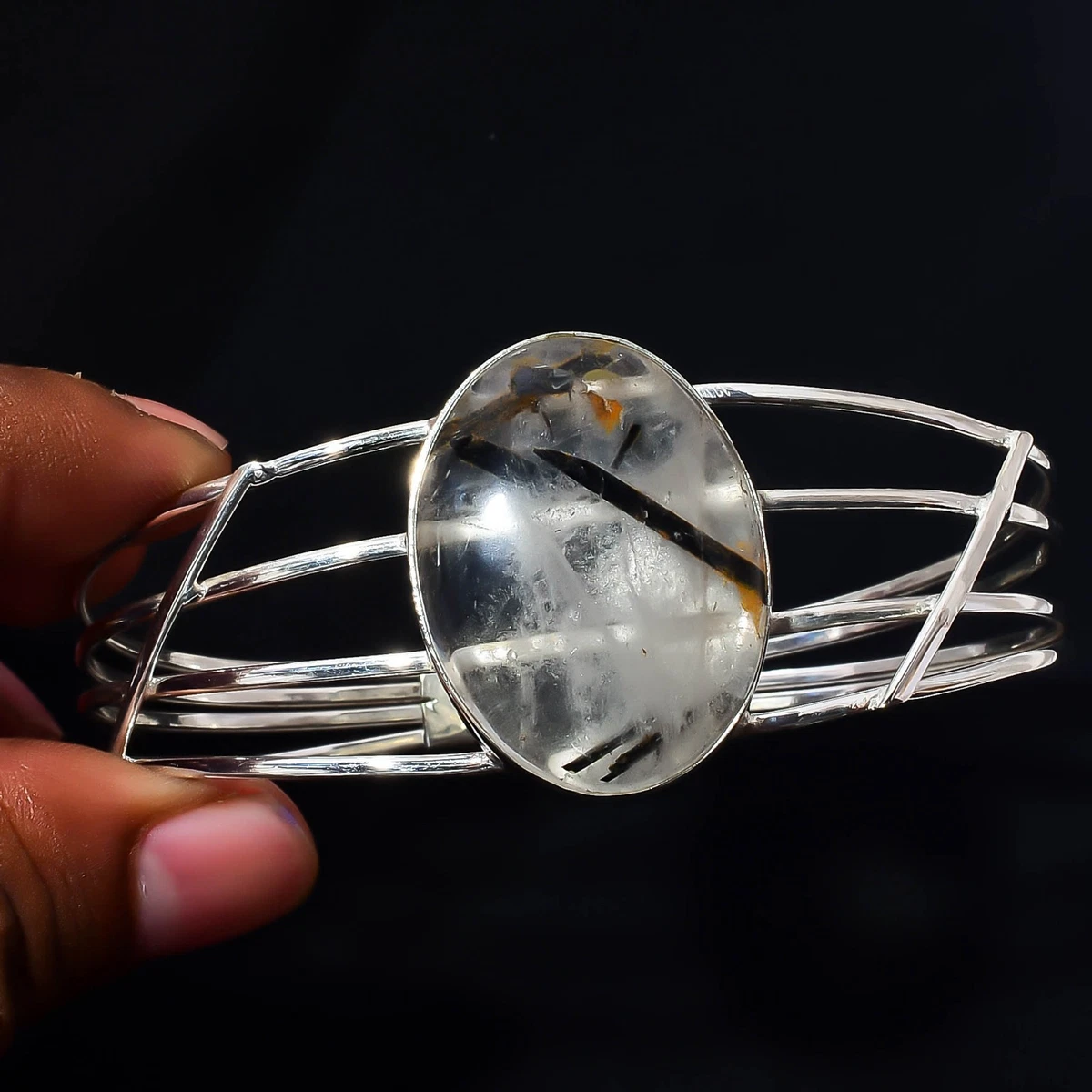 Black Rutile Gemstone 925 Sterling Silver Handmade Bangle Jewelry Gift For Her