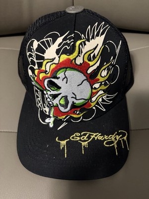 BNWT AUTHENTIC ED HARDY FIRE SKULL SNAPBACK TRUCKER HAT BLACK #EHH0001-33 OSFM