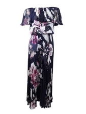 Xscape Women's Off-The-Shoulder Printed Chiffon Gown (2, Navy/Pink)