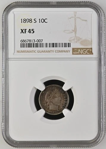 1898 S Barber Silver Dime, NGC XF 45, Semi-Key Date Coin