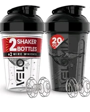 VELOMIX -2 Pack- 20 oz Protein Shaker Bottles for Protein Mixes - 2x Wire Whisk