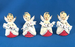 VTG NOEL Set Christmas Angel Ceramic Bell Figurines Japan MCM Lt#20
