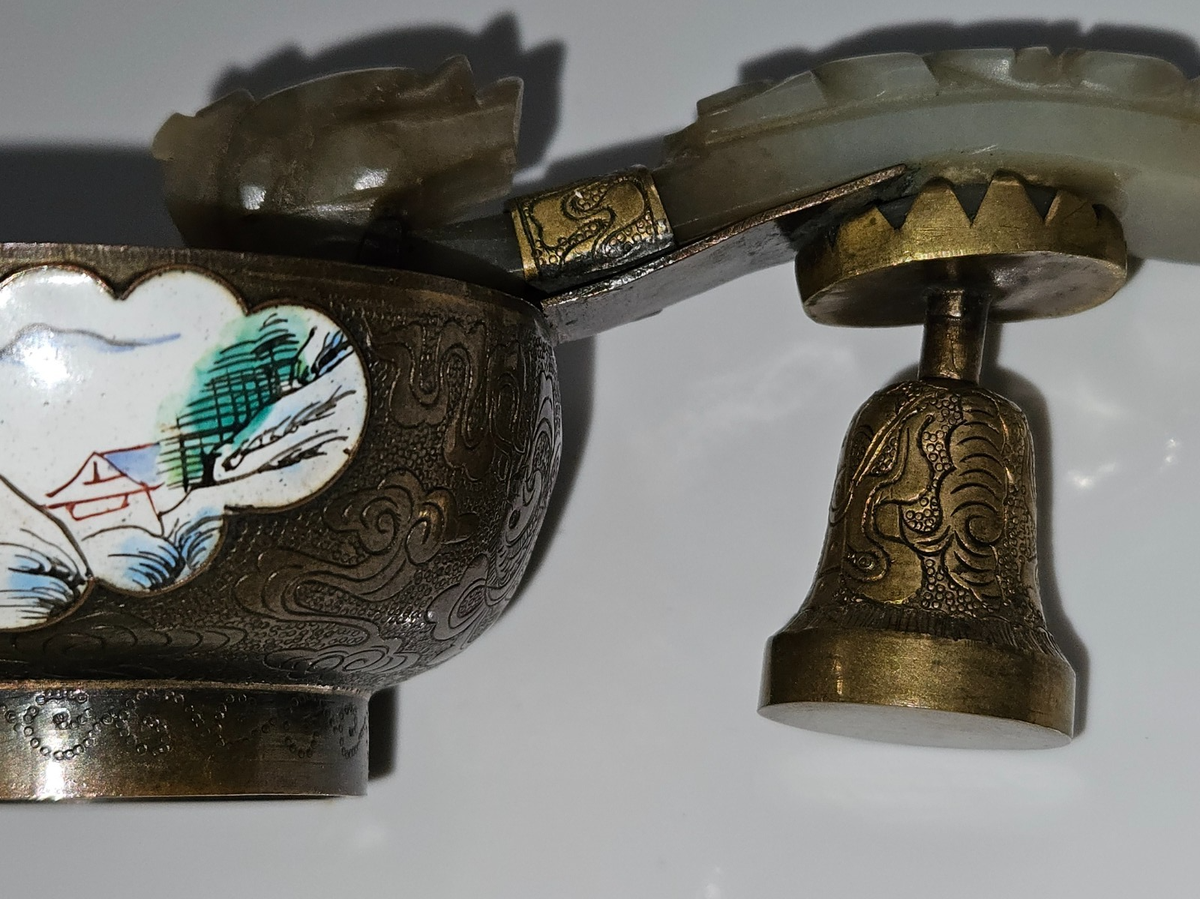 Antique Chinese Peking Enamel Cup Carved Nephrite Jade Dragon