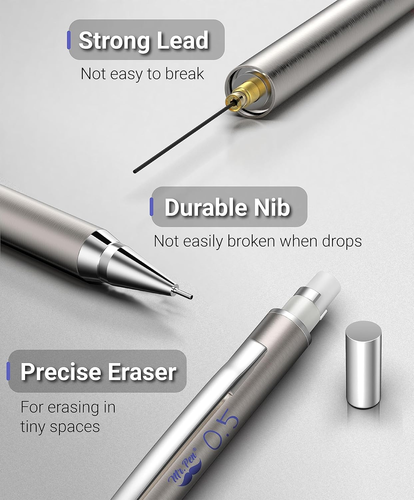 - Mechanical Pencils 0.5mm, Pack of 2, Metal Mechanical Pencil with Lead and Era - Picture 3 of 12