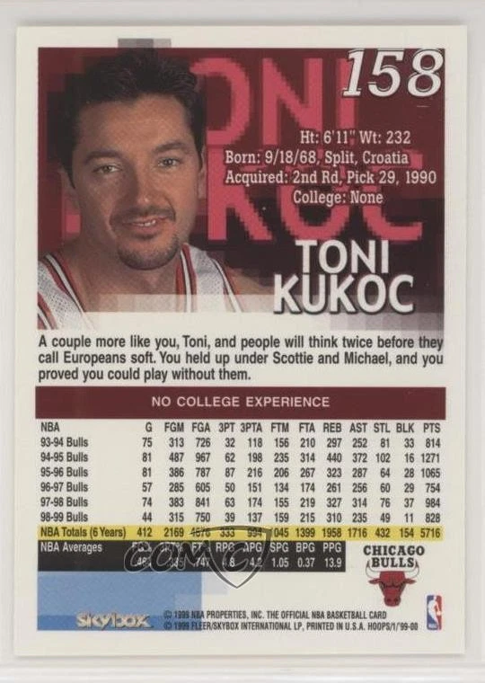 1999-00 Skybox NBA Hoops Toni Kukoc #158 - Image 2 of 2