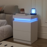 Bedside Table Cabinet Charging Station 2 Drawer LED Nightstand Storage White