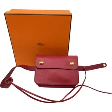 Authentic HERMES Pochette Green Waist Pouch Circle In U Red Leather #36636828