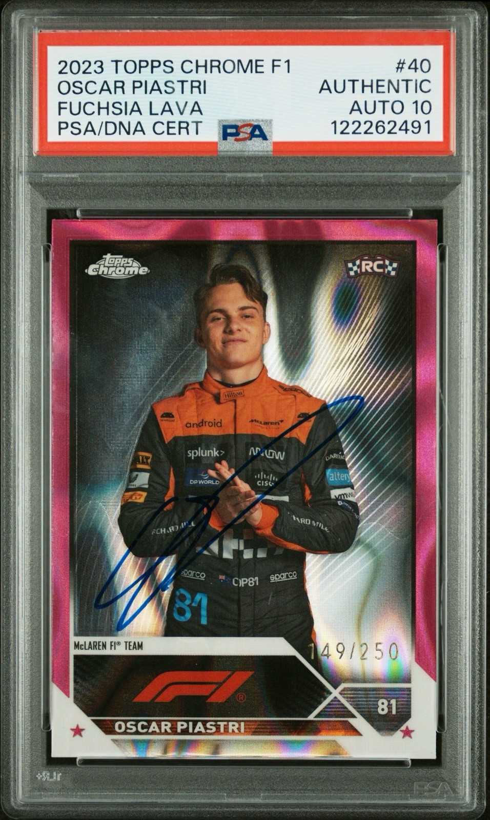 Oscar Piastri 2023 Topps Chrome F1 Pink Lava Refractor Rookie /250 Auto PSA 10