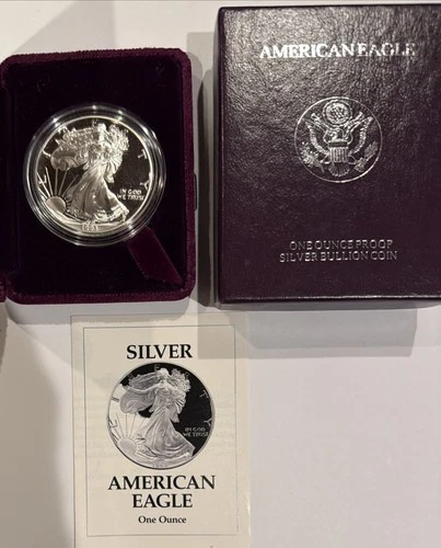 1993 P American Eagle Silver Bullion Proof $1 Coin box & COA