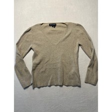 DKNY Jeans SM V-Neck Sweater Minimalist Beige Ribbed Knit Cotton Blend Top