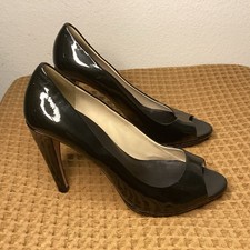 Prada Peep Toe Heels Shoes Sz 39.5 US 9.5 Black Patent Leather Slip On Pumps