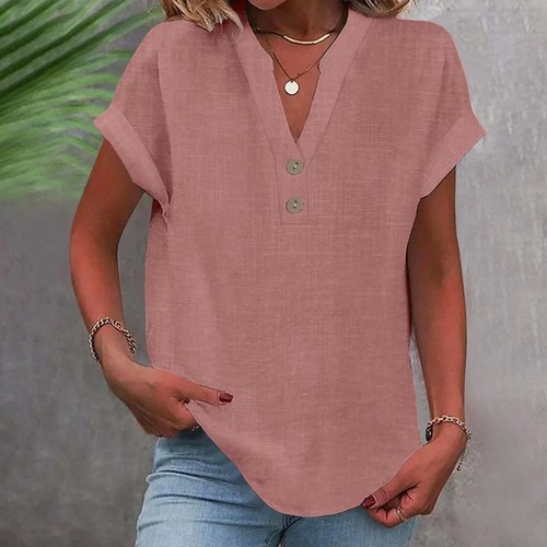 Women Linen Blouse V Neck Short Sleeve Loose Fit Casual Summer Top | eBay