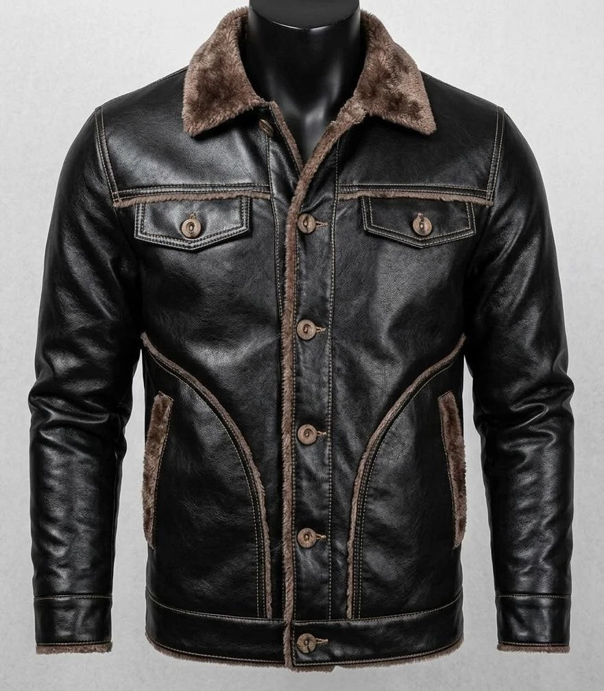 Men’s Black Genuine Leather Jacket Faux Fur Collar Winter Warm Classic Style